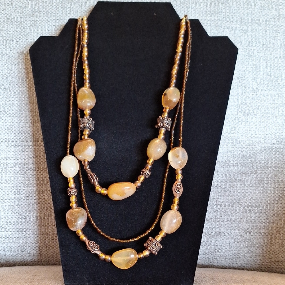 Three Strand Agate And Glass Bead Necklace